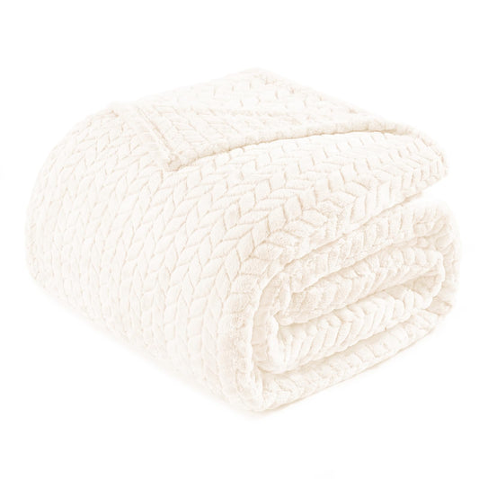 Exclusivo Mezcla Fleece Queen Size Blanket for Bed, 90x90 Inches Soft Cozy Jacquard Flannel Blankets, Lightweight Fuzzy Plush for Women, Off White