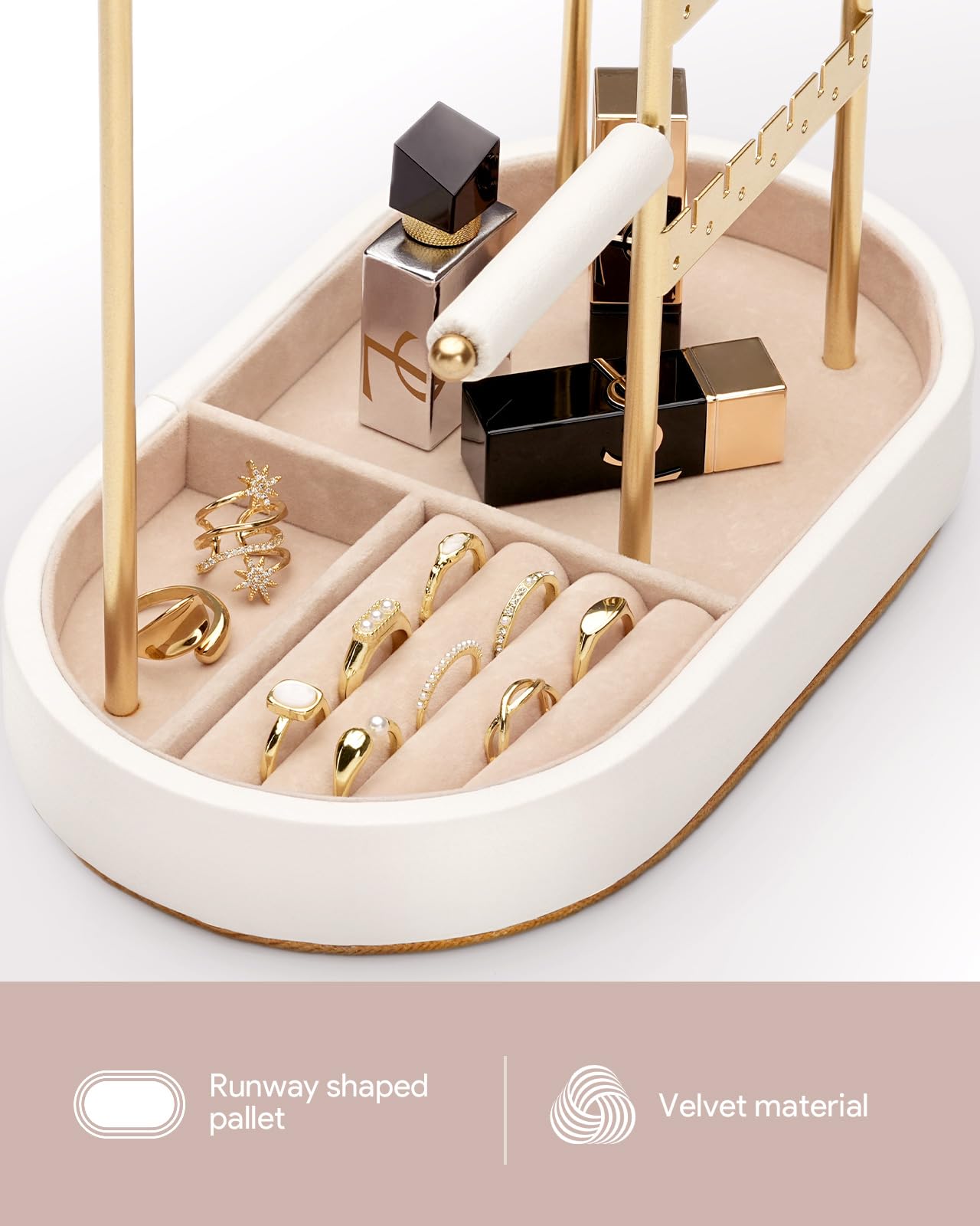 ChuStory Jewelry Organizer, Jewelry Holder Gold with Metal Frame and Velvet Ring Tray Protect headdress from scratches, Women Jewelry Stand Organizer