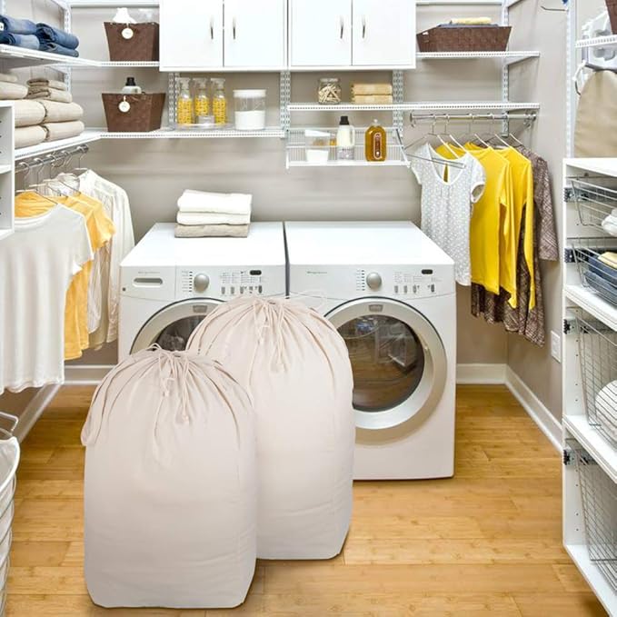 MCleanPin Washable Laundry Bags with Handles,140L Dirty Clothes Storage Bags for Laundry Hamper and Basket with Liner in College Dorm Travel, 2 Pack (Beige)