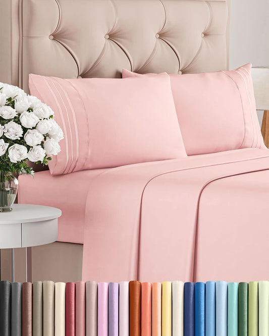 Queen Size 4 Piece Sheet Set - Comfy Breathable & Cooling Sheets - Hotel Luxury Bed Sheets for Women and Men - Deep Pockets, Easy-Fit, Soft and Wrinkle Free Sheets - Baby Pink Oeko-Tex Bed Sheet Set