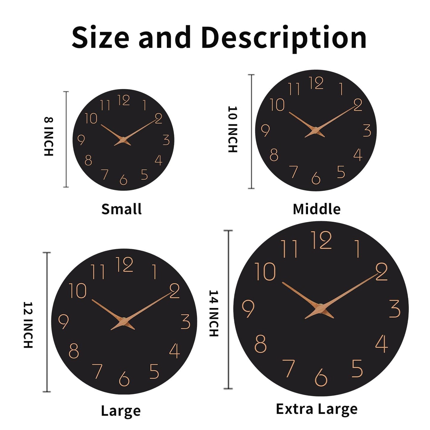 Mosewa Wall Clock 14 Inch Black Battery Operated Silent Non Ticking Simple Minimalist Rose Gold Numbers Decorative for Bedroom Living Room Kitchen Home Office