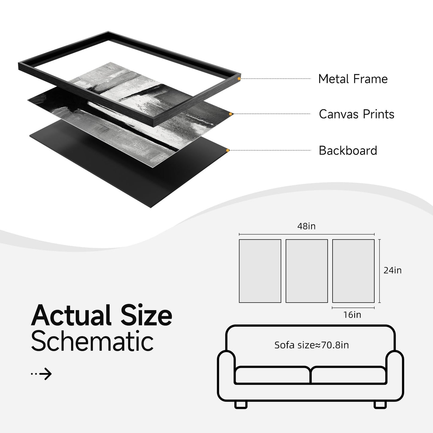 Framed Black and White Gray Modern Abstract Wall Art, Set of 3 Piece Big Canvas Paintings Artwork for Walls, Minimalist Art Prints Pictures for Living Room Hallway Bedroom Office Wall Decor 16x24 Inch