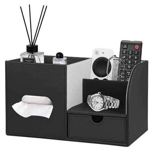 PU Leather Square Tissue Box Cover with Tray and Organizer, Multi-Function Remote Control Tissue Holder for Vanity, Nightstand, Bathroom, Home and Office