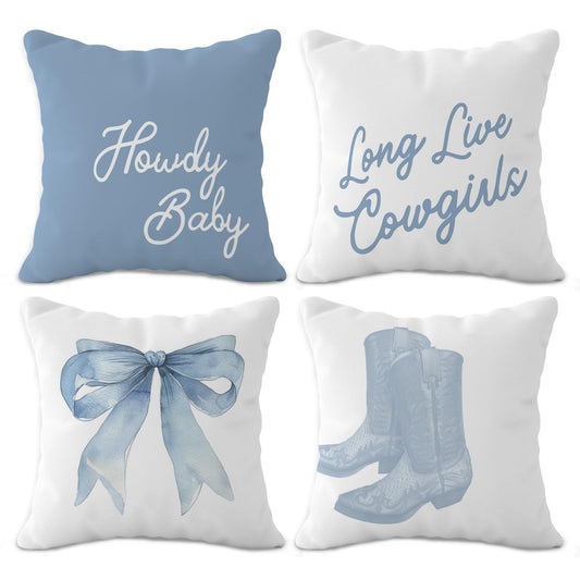 OTOUO Western Cowgirl Pillow Covers 18x18 - Howdy Long Live Cowgirls Boots Pillow Cover, Western Blue Coquette Bows Home Room Decor, Set of 4