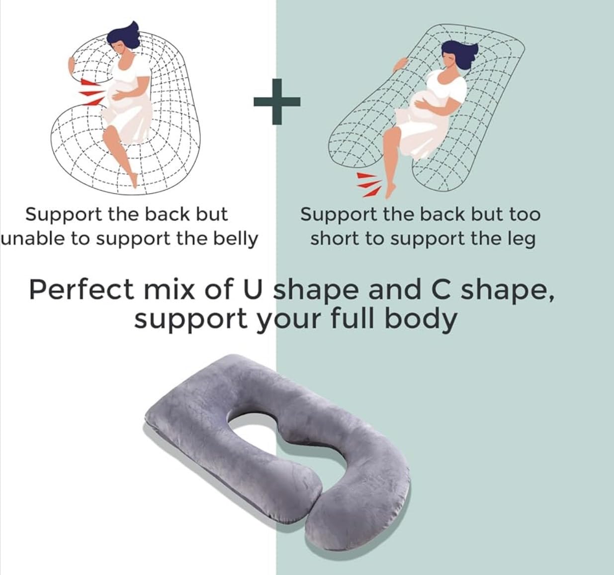 U-Shaped Pregnancy Pillow 57-inch Full Body Maternity Pillow for Sleeping, Back, Hip & Belly Support – Grey Pillow with Removable Washable Cover for Side Sleepers
