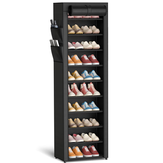 Kitsure Shoe Rack - 10-Tier Large Capacity Shoe Organizer Shelf with Dust Cover & Side Pockets, Rust-Proof Metal Shoe Rack for Closet, Entrance, Living Room, 17.5" x 12.4" x 69.3", Black