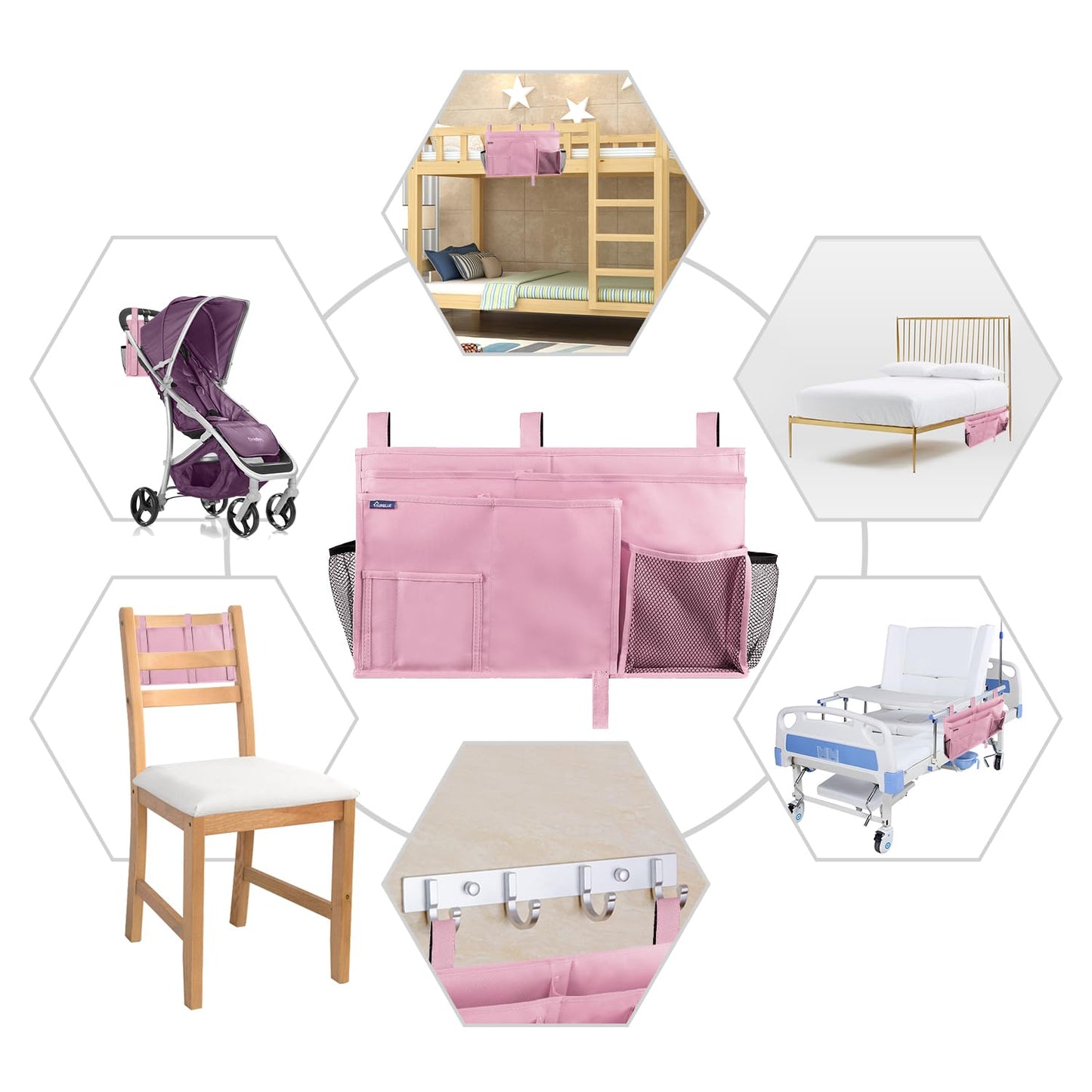 Surblue Caddy Hanging Organizer Bedside Storage Bag for Bunk and Hospital Beds, Pink, L
