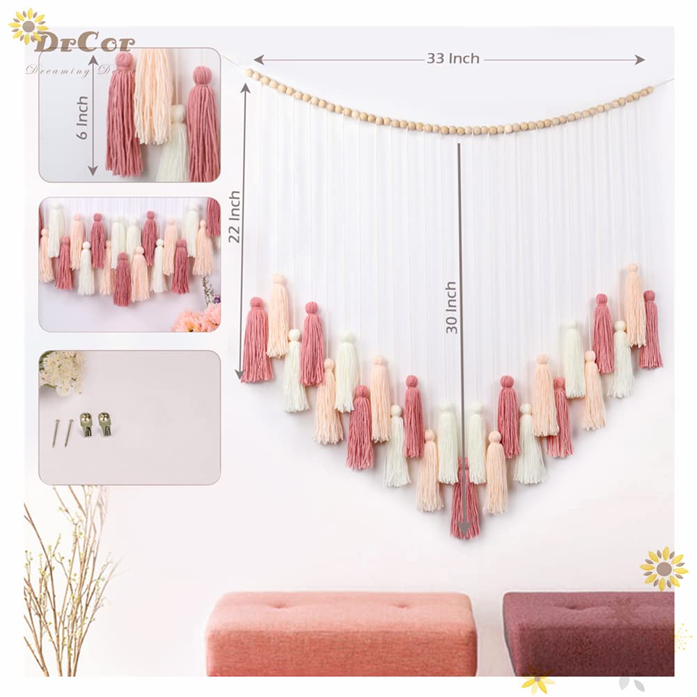 DrCor Blush Pink Macrame Wall Hanging – Boho Tassel Wall Decor for Nursery, Girls Bedroom, Dorm Room, Baby Shower, Classroom Reading Corner, Wedding Backdrop & Cozy Home Decor