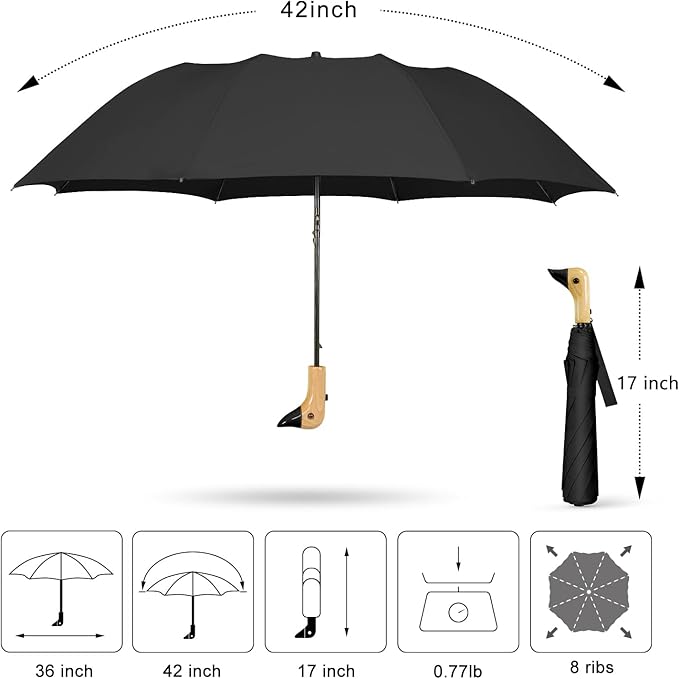 Duck Handle Umbrella Kids - Compact Portable Folding Lightweight Small Strong Wooden Duck Windproof Travel Umbrella for Kids Gifts