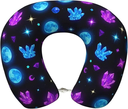 Support Neck Pillow for Youth Travel, Washable Airplane Chin Supporting and Relax U Shaped Pillows Trippy Purple Goth Moon Crystals Black Sky