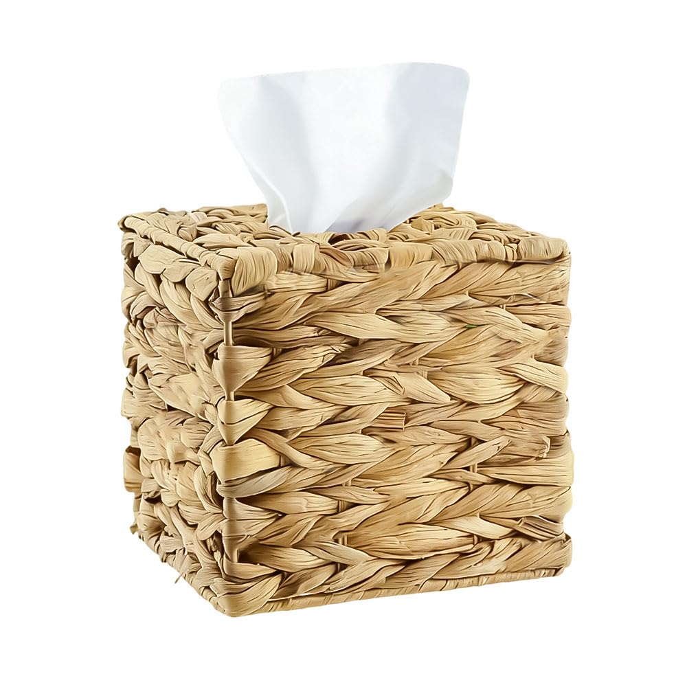 1 Pcs Water Hyacinth Handwoven Tissue Box Cover - Natural Handmade Wicker Napkin Holder, Square Facial Tissue Case, Rustic Boho Decor for Table, Bathroom, Office