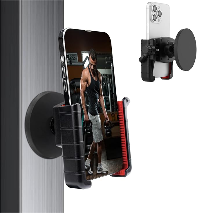 Gym Magnetic Phone Holder,Strong Magnetic Base Metal Ball Joint,for Fridges/Motorcycle Tank/Motor Vehicle,Phone Holder Gym Accessories for Men Women,Adjustable Clip Fit for 3.5~7.5 inch Smartphones