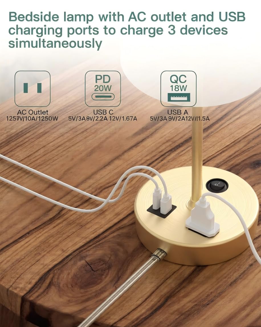Addtam Bedroom Table Lamp, Bedside Lamp with AC Outlet and USB C Charging Ports(PD 20W), 3-Way Dimmable Lamp with Switch, Lamps with Shade for Night Stands, Living Room, Desk, and Home Office, 6.5Ft