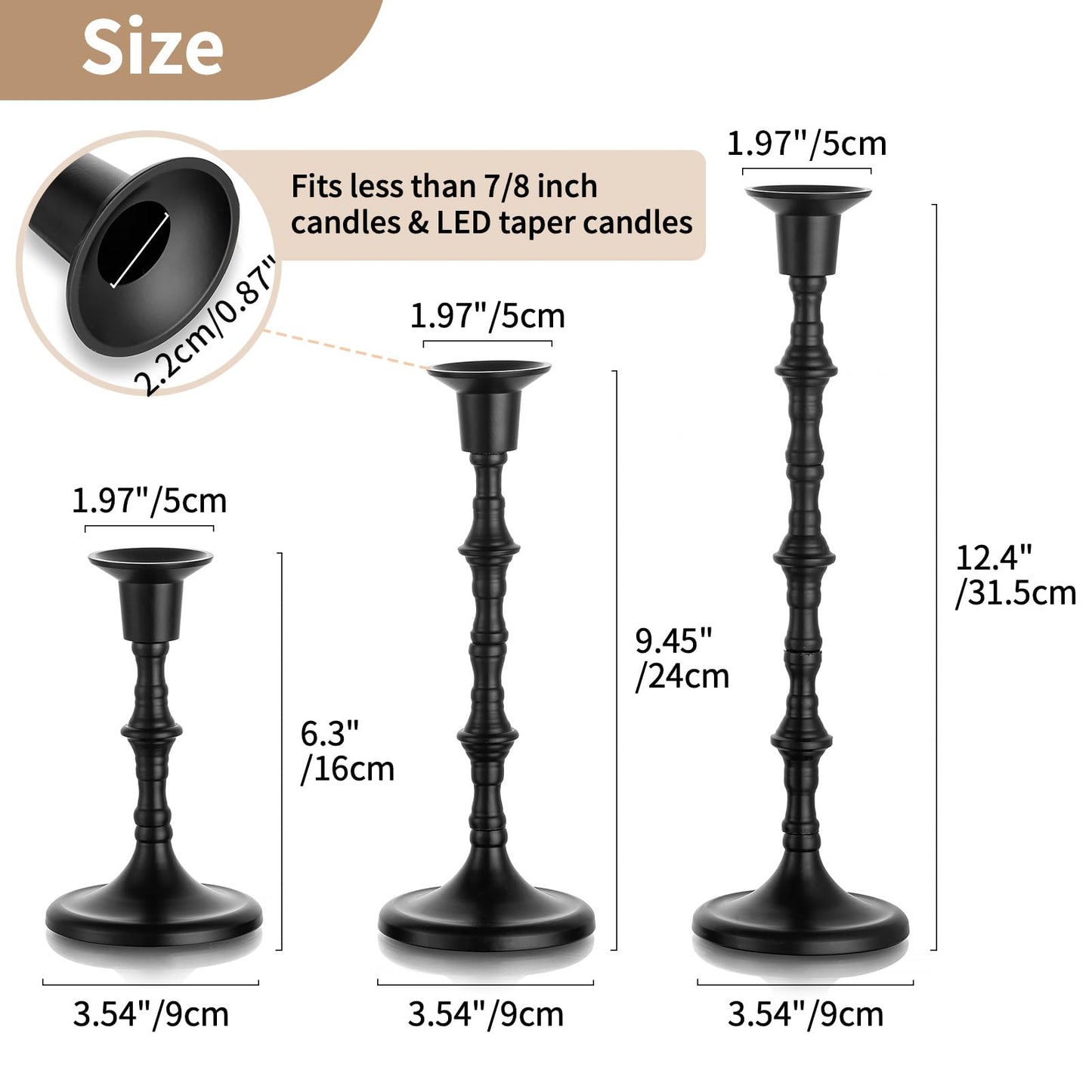 NUPTIO Candle Stick Holders for Centerpeice: Set of 6 Matte Black Taper Candlestick Holders - Bulk Antique Tall Candleholder for Easter Shabbat Table Fireplace Decor
