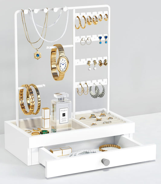 Goozii White Jewelry Organizer Stand Stud Earring Holder, Necklace Display Stand with Drawer, Jewelry Tower Tree for Bracelets Rings, Birthday Valentines Day Gifts for Her Teen Girls Women Wife