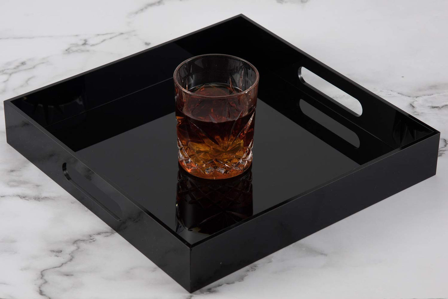 KEVLANG Glossy Black Sturdy Acrylic Serving Tray with Handles-10x10Inch-Serving Coffee,Food,Breakfast,Butler-Kitchen Countertop Tray-Makeup Drawer Organizer-Vanity Table,Ottoman Tray-Decorative Tray