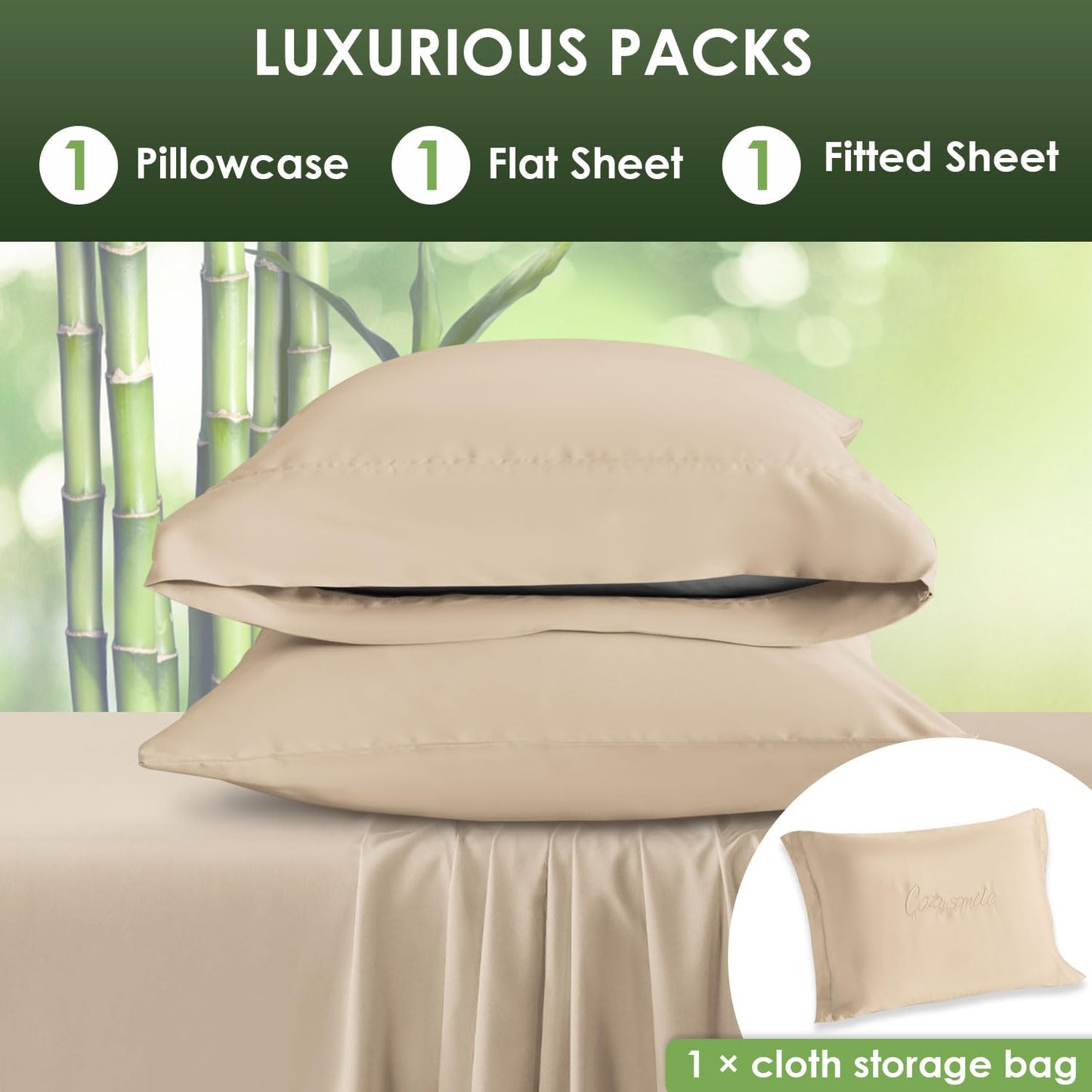 CozySmile Bamboo Sheets King Sheets Set, 100% Organic Viscose Derived from Bamboo Bed Sheet Set, Luxuriously Soft & Cooling,4 Pcs Bed Set with Deep Pockets,Wrinkle Free, Double Stitched Seams (Beige)