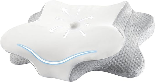Cervical Neck Pillow for Sleeping, Dual Height Contour Memory Foam Pillow for Neck Pain Relief & Support, Orthopedic Butterfly Pillow for Side, Back & Stomach Sleepers – Cooling Washable Cover