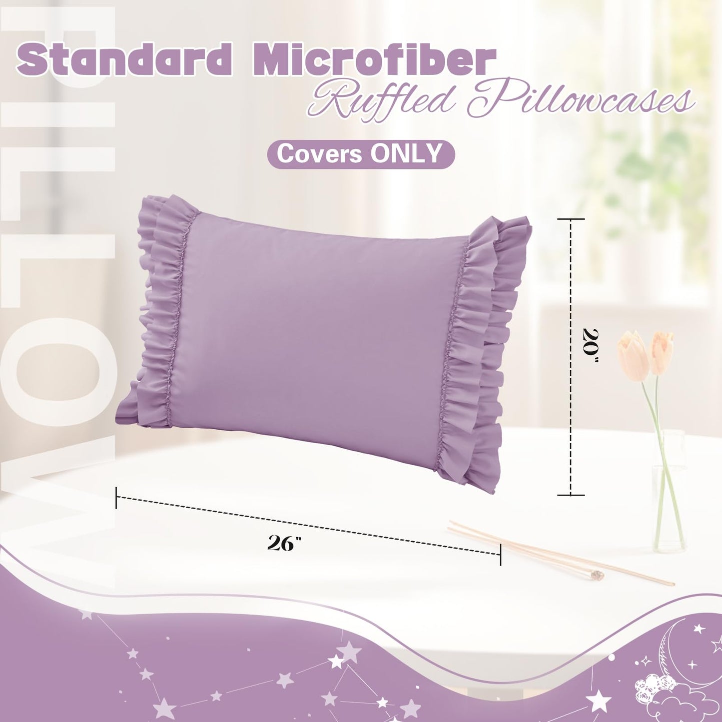 RUDONG M Ruffled Pillow Cases Set of 2, Standard Microfiber Pillowcases, Decorative Ruffle Pillow Covers with Envelope Closure, 20x26 Inches Purple Boho Pillow Shams