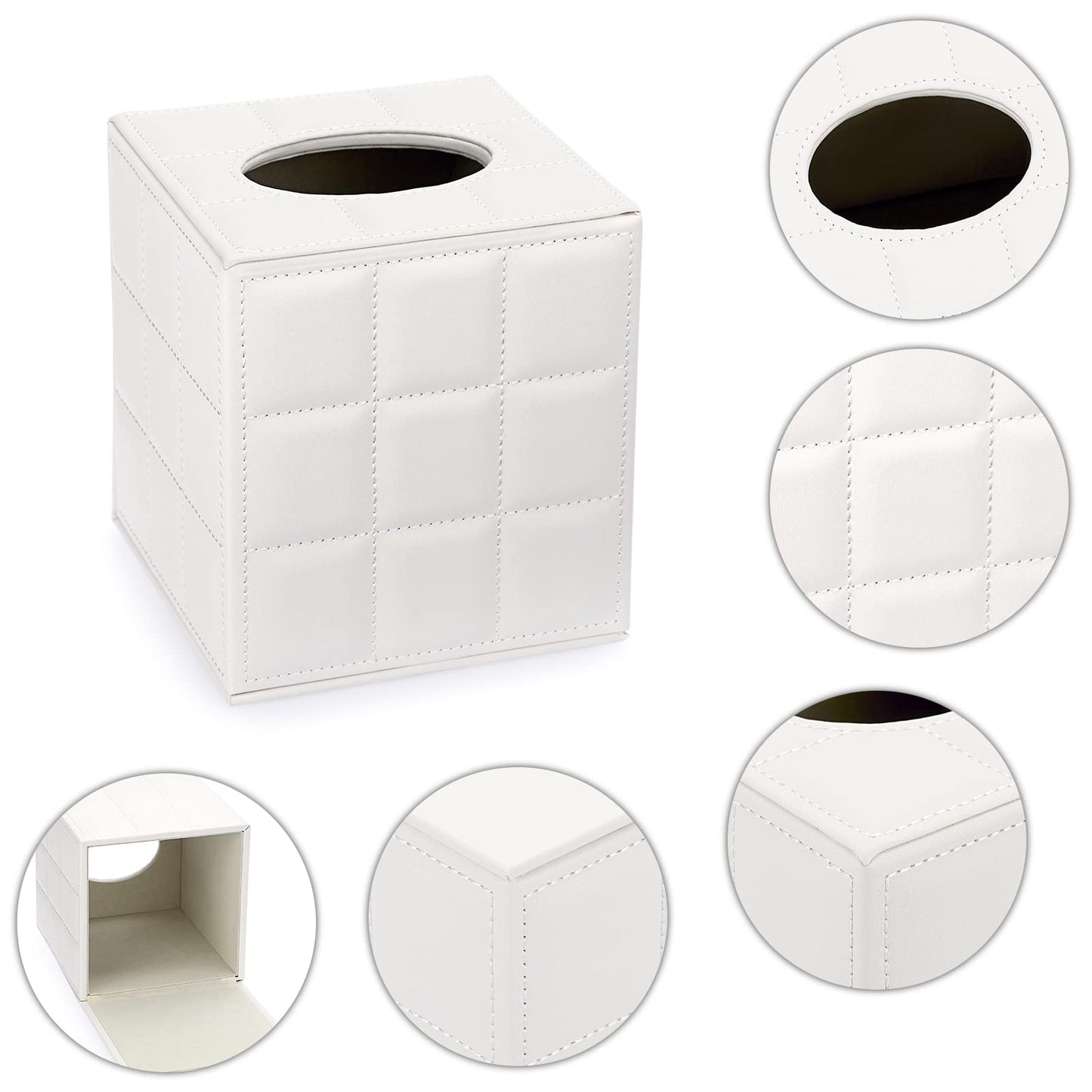 Sumnacon Square Leather Tissue Box Cover - Stylish Cube Tissue Box Holder with Magnetic Bottom, Decorative PU Tissue Box for Vanity Dresser Night Stand Table Countertop Home Office Car, Grid White