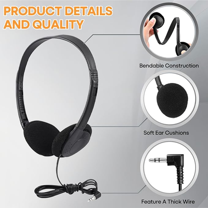 50 Pack Classroom Headphones Bulk for School Kids Students, Wholeslae Wired Durable Earphones Class Set for Children Toddler Teens Boys Girls and Adult (HY857,50 Black)