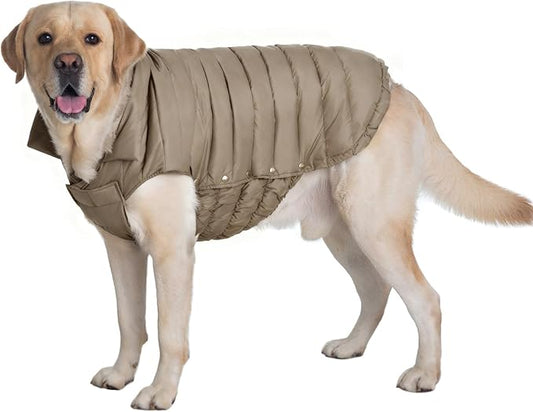 SPACE LION Dog Puffer Jacket, Down Winter Coat, Durable Outdoor Coat for Cold and Windy Conditions, Lightweight & Adjustable Fit Coats for Large Dogs,(Khaki, Size28/4XL)