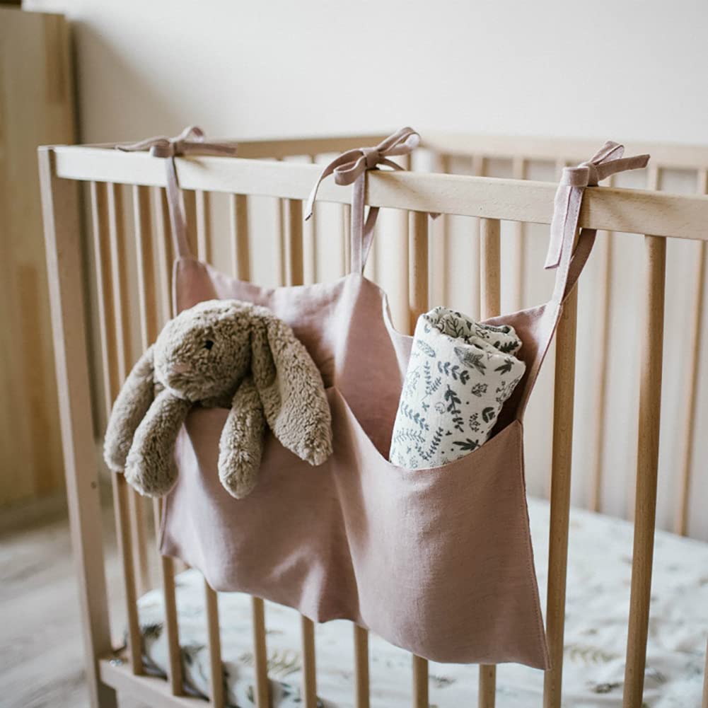 YeeMan Linen Baby Bedside Hanging Storage Bag,2 Pockets Organizer for Baby Cribs and Toys (Light Pink)