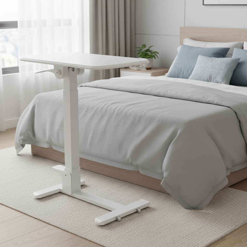 Mount-It! Foldable Overbed Table with Wheels – Height Adjustable Rolling Bedside Table, No Assembly Required, Ultra-Low Profile Base Fits Under Beds & Sofas, for Home and Hospital Use