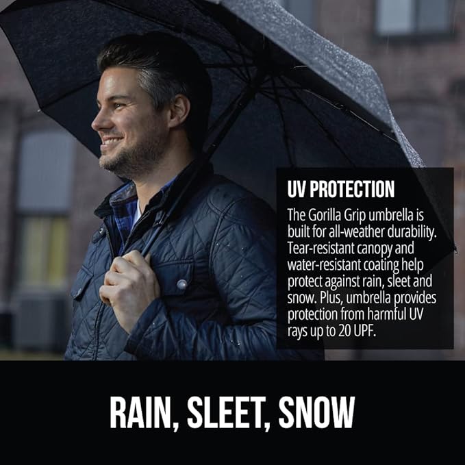 GORILLA GRIP Strong Windproof Stick Compact Umbrella for Rain, One-Click Automatic Open and Close, Durable Quick Dry Waterproof Material, Lightweight and Portable, Travel Size Fits Backpack, Black