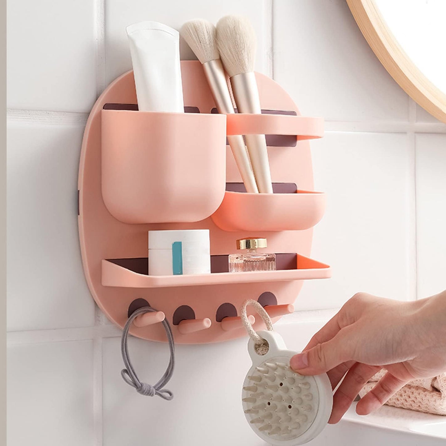 Kukyller Wall Mount Storage Box, Floating Bedside Shelf Wall Mount Adhesive Bedside Shelf Accessories Organizer with Hooks for Phone Remote (Pink)