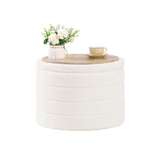 B FSOBEIIALEO Ottoman with Stroage, Round Sherpa Storage Ottoman Stool, Boucle Foot Rest22 x 22"x15.75" (White)