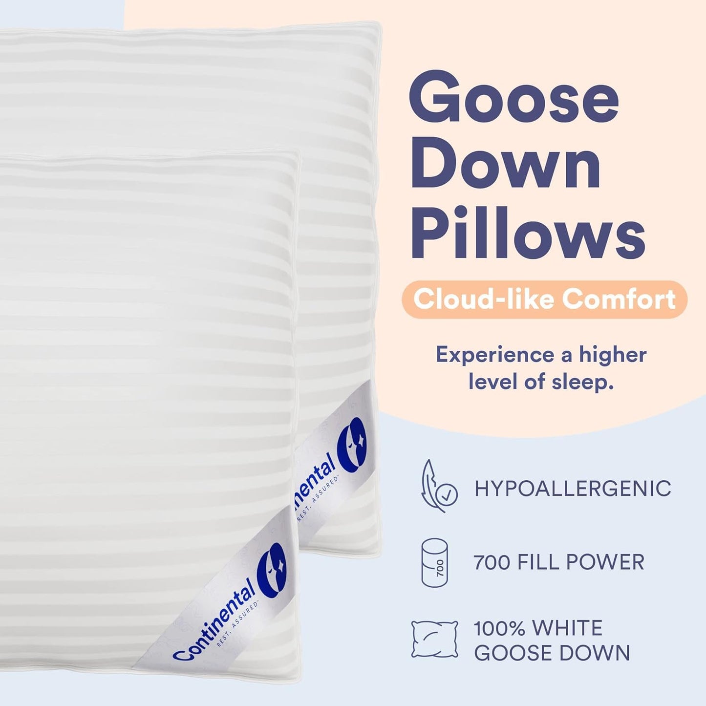 Continental Bedding | Serenity Goose Down Pillow | 700 Fill Power Hungarian White Down | 400TC Cotton Damask Shell | Made in USA | King, Soft with Protector