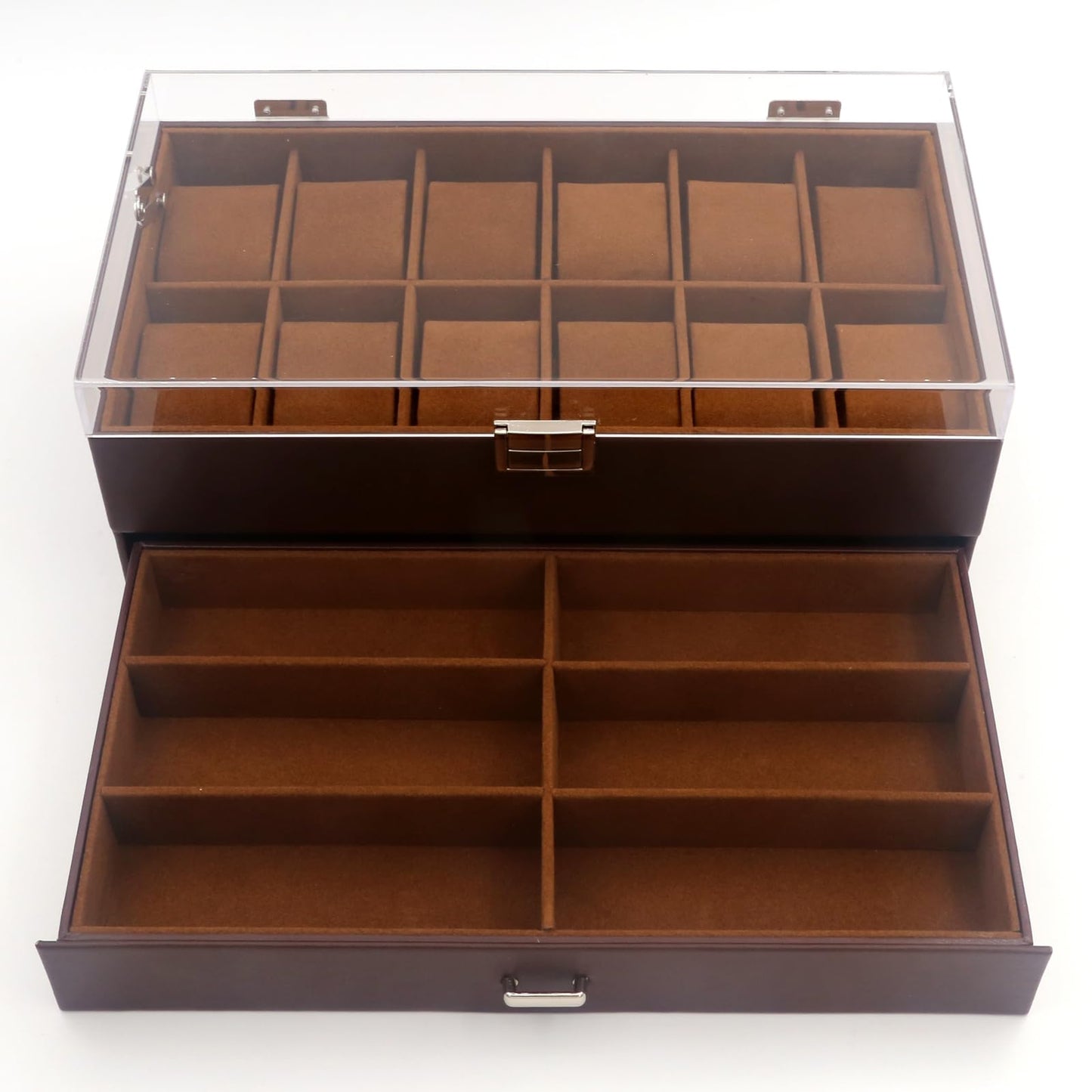 KLOUD City 12-Slot Watch Box with Lockable Drawer Acrylic Display Lid | Velvet Organizer for Luxury Watches, Jewelry & Eyewear (brown-W3002)