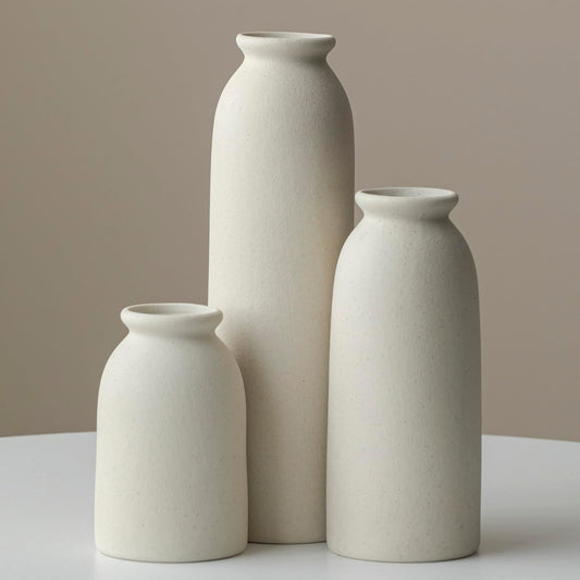 Ceramic Vase Set-3, 10.3 Inch Tall Flower Vases for Decor, Modern Boho Farmhouse Style, Decorative Vases for Pampas Grass & Dried Flowers, Distressed Finish (L Beige)