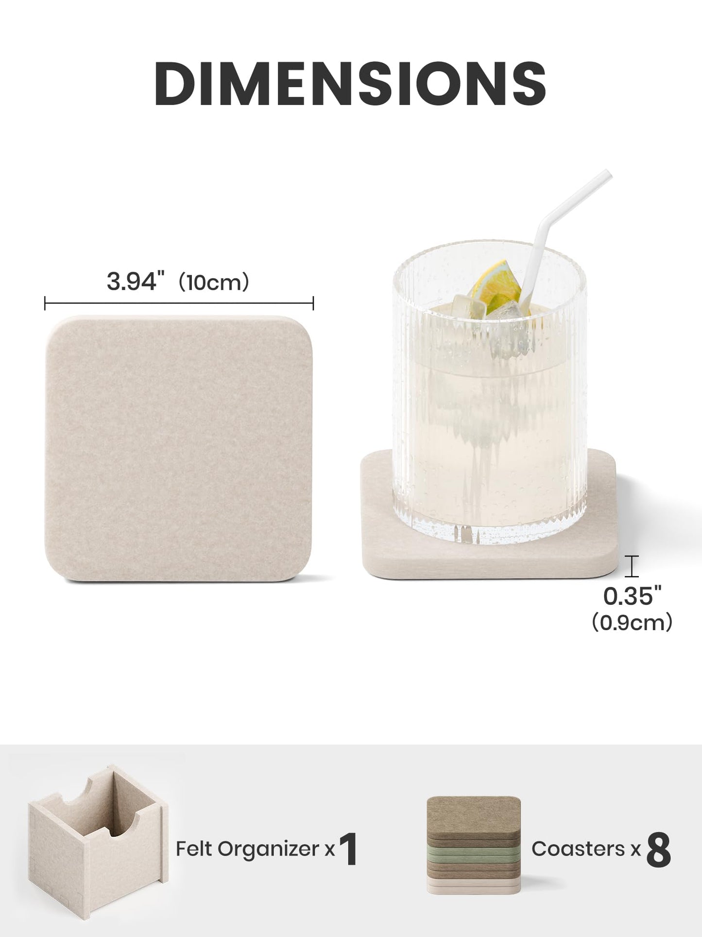 Fluxynara Felt Coasters for Drinks, Set of 8 Absorbent Coasters with Holder, Heat-Resistant & Reusable Square Design for Coffee Table & Living Room, 3.94 Inch, Linen Dusk