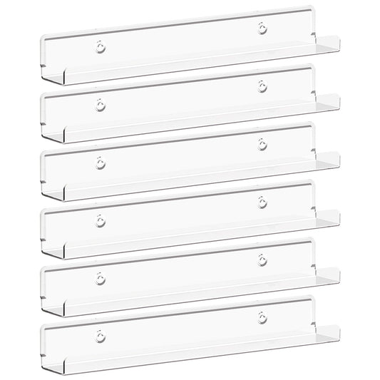 Lifewit Narrow Floating Shelves for Vinyl Record 6 Pack, 12" Clear Wall Shelves for Nail Polish/Book/Picture/Makeup, Acrylic Wall Display Shelf Organizer for Bedroom, Living Room, Bathroom Decor