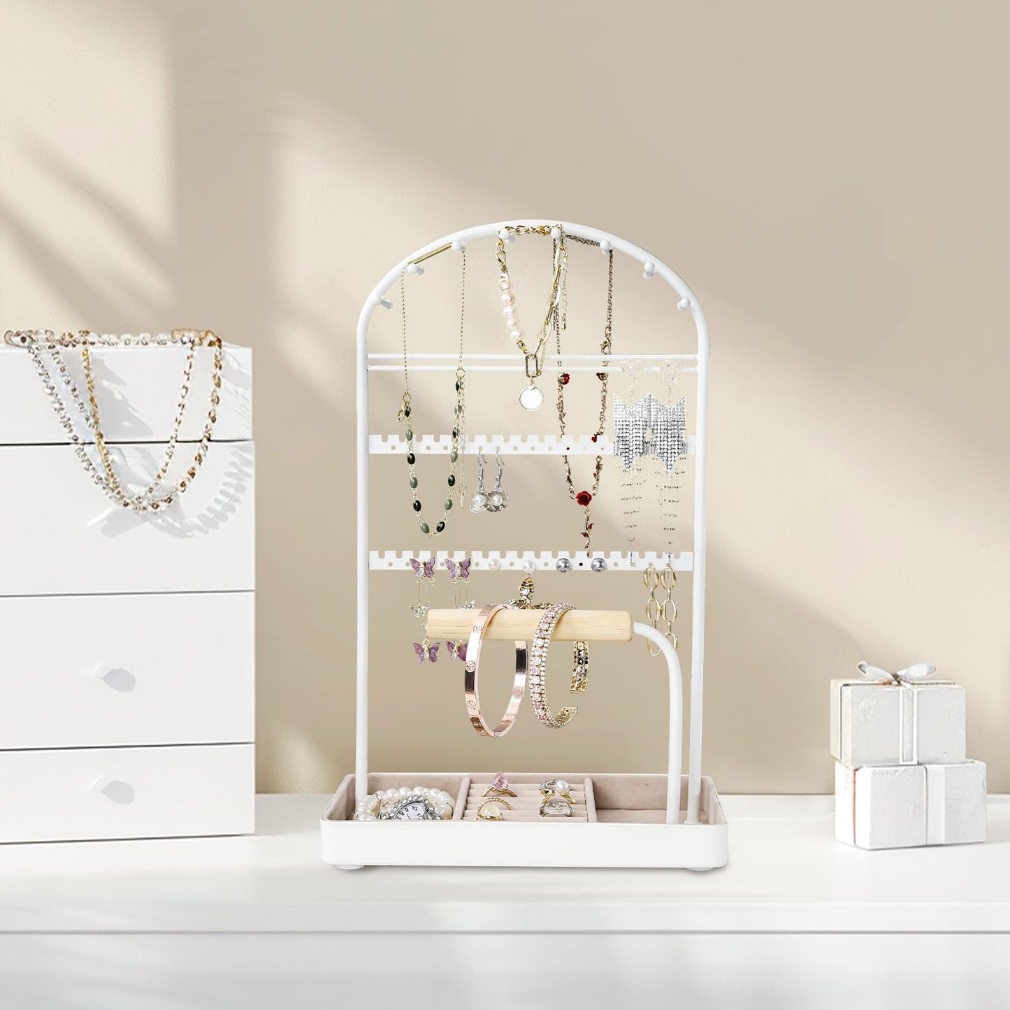 Saydear Multi-Functional Jewelry Holder Organizer Necklace Display Stand Velvet Lined Bar for Rings 2 Tier with 18 Hooks, 32 Earring Holes - Sturdy and Durable, Easy Organization White