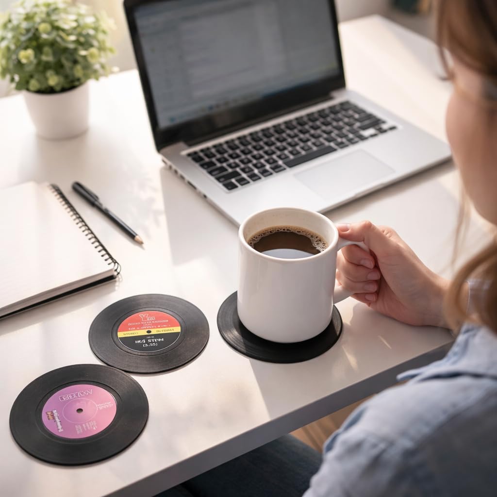 26 Pcs Retro Vinyl Record Coasters for Drinks, 4 Inch Record Player Coaster Set, Funny Music Lovers Gift for Home Bar Decor, Birthdays and Housewarming