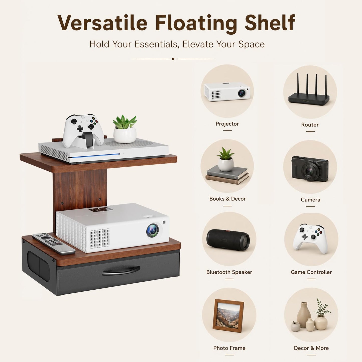 Floating TV Wall Shelf With Drawer, 2-Tier Projector Shelf Holds Up To 22Lbs, Wooden Wall Mounted Shelves For Projector/DVD Player/Game Console/Cable Box/Living Room Decor Accessories, Walnut Brown