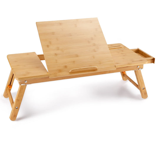 Laptop Desk Nnewvante Bamboo Laptop Table Adjustable Lap Tray Bed Serving Tray Breakfast Table Foldable Coffee Tea Table 7 Tilting Top Angles 4 Latches Large Size 27.95" x 13.8"