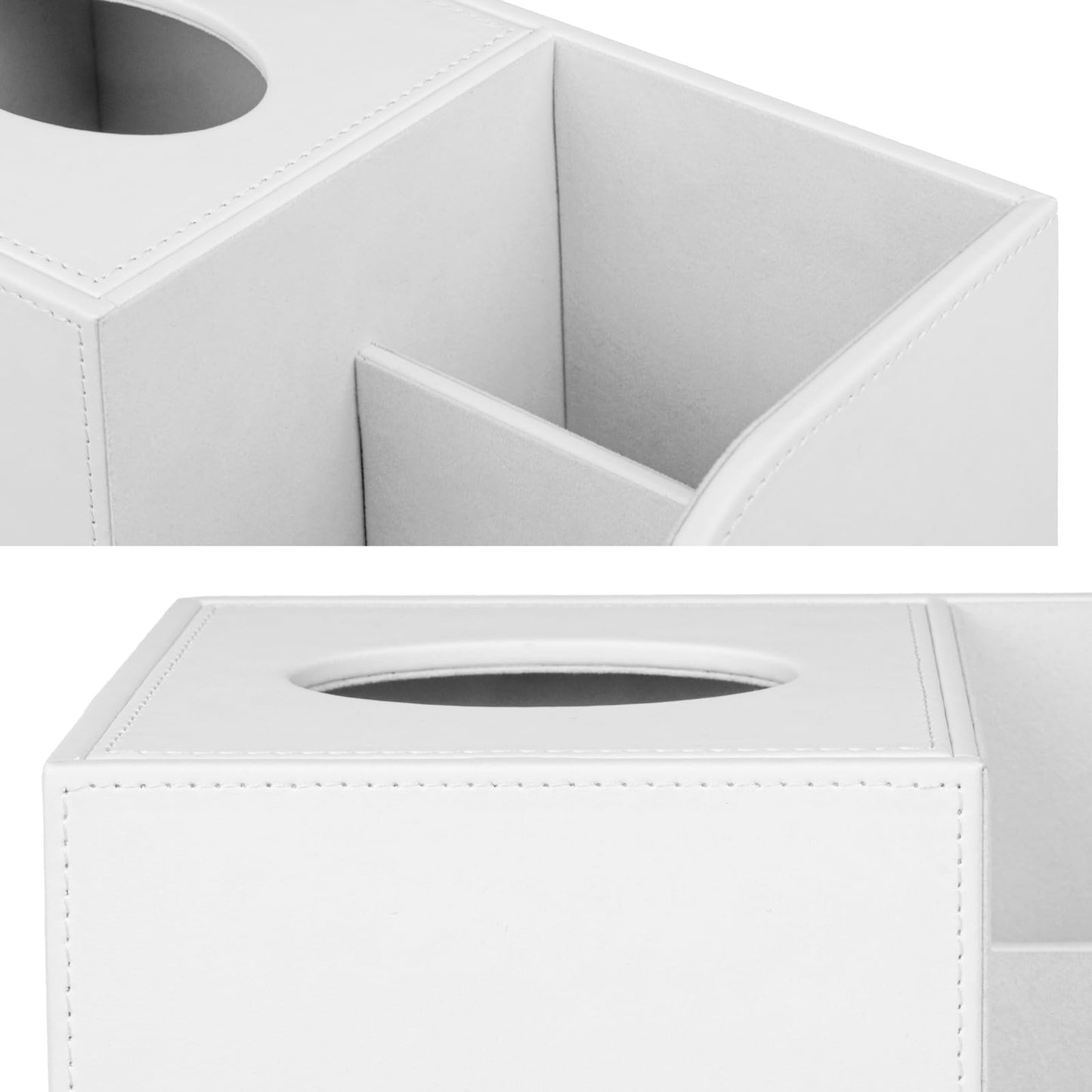 JLAMBOM PU Leather Tissue Box Cover with Remote Control Holder, Square Tissue Box Holder for Living Room Bathroom Office (Cream-White)
