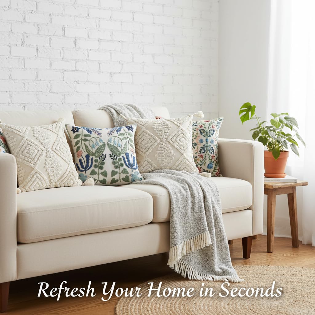 KITTMIN Boho Throw Pillows, 18x18 Bohemian Cushion Case,Set of 2 Textured Moroccan Throw Pillow Covers,Decorative Farmhouse Neutral Pillowcases for Couch Sofa Bedroom Living Room Home Decor White