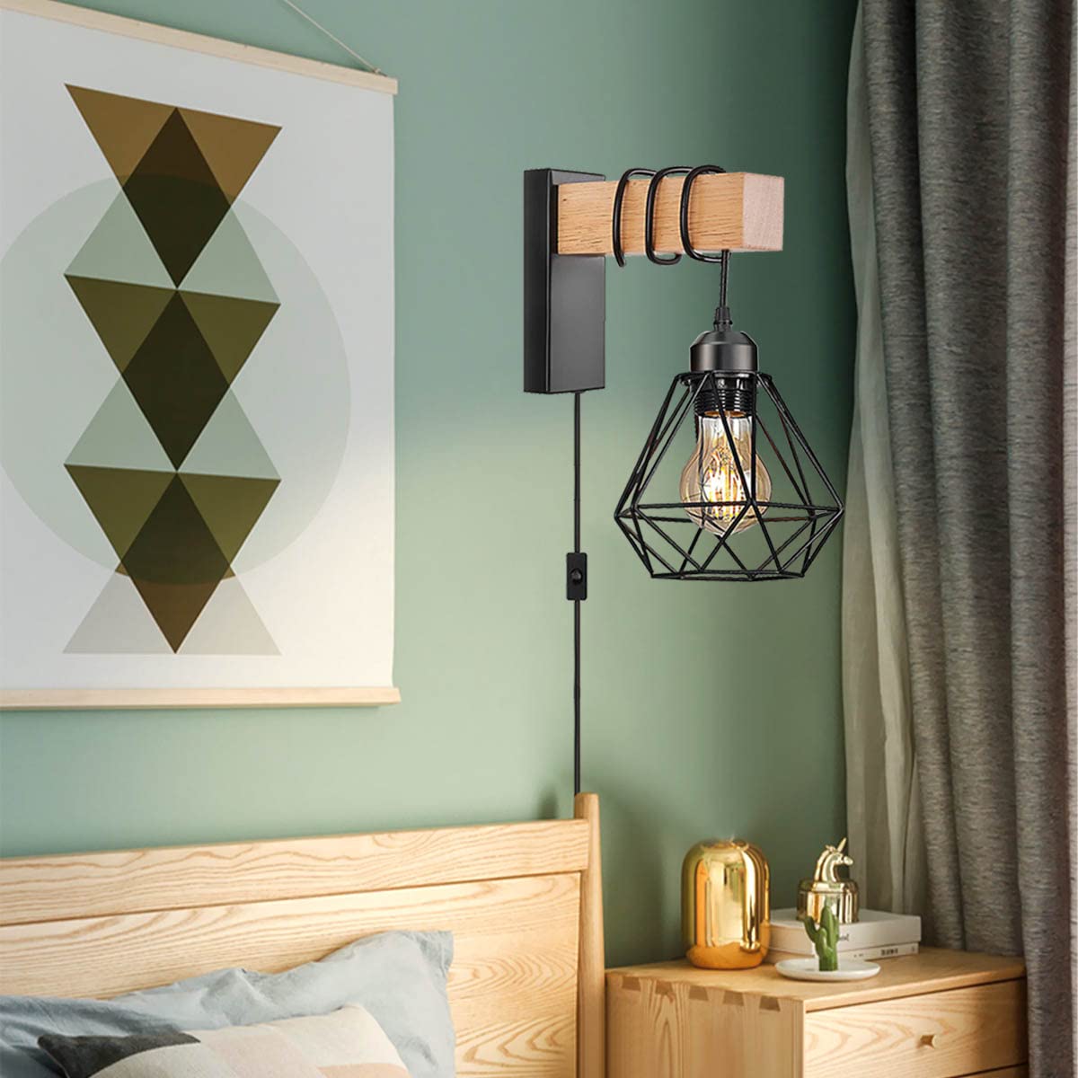 Plug in Wall Sconces Set of Two,Farmhouse Wall Mounted Lights with Plug in Cord,Black Rustic Wall Lamp for Bedroom Bedside Living Room,with Wood Arm and 70.8inch On/Off Switch Cord,2 Pack