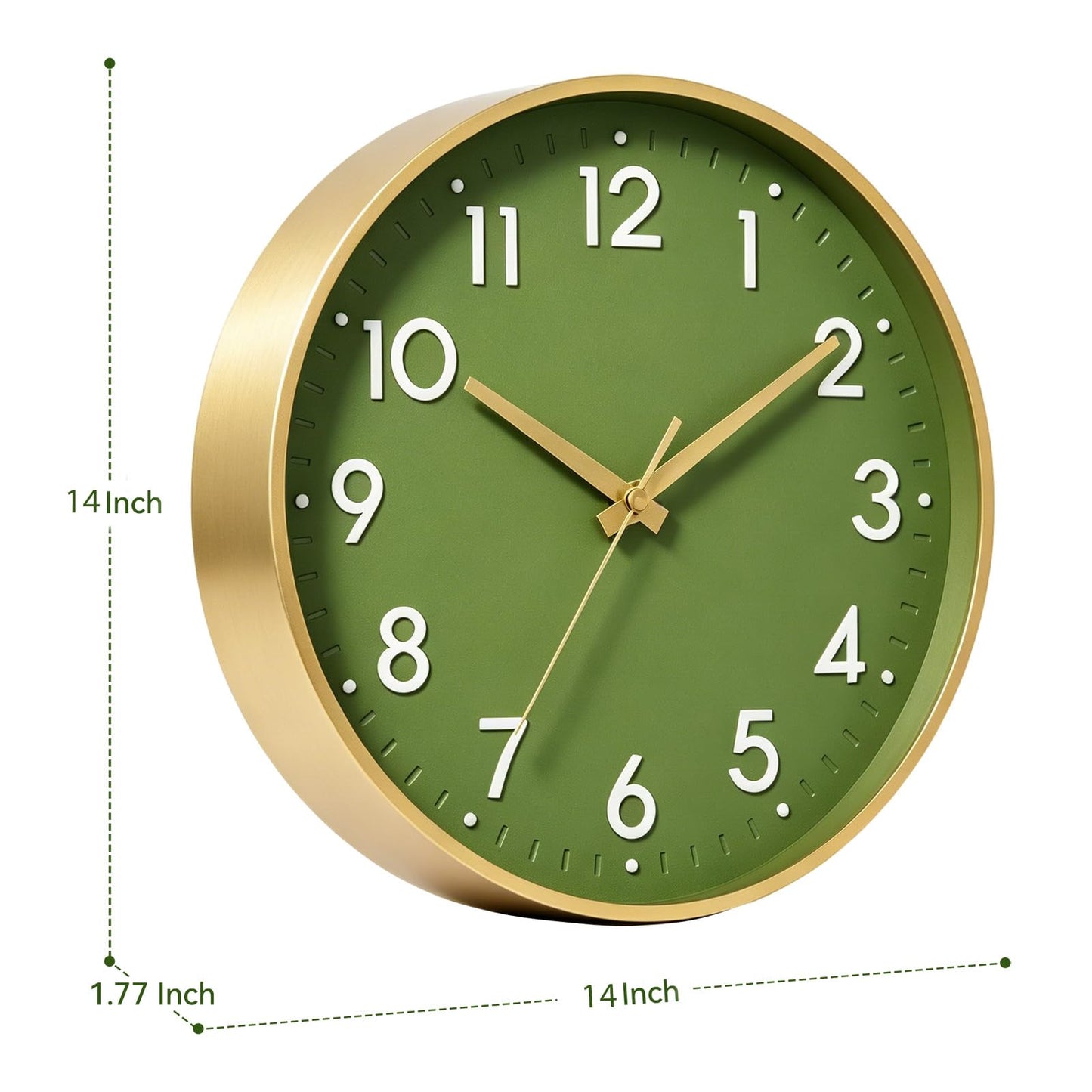 Mosewa Wall Clock 14 Inch, Battery Operated Non-Ticking Modern Analog Clock Decorative for Kitchen, Bedroom, Office, Home(Olive Green and Gold)
