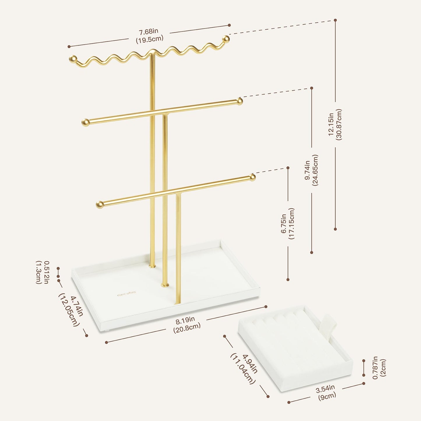 necvha Jewelry Stand Holder Organizer, 3 Tier Bracelet Holder Display with Detachable Velvet Tray, Elegant Jewlery Tower for Display Bracelet, Necklace, Earrings, Rings (Beige)