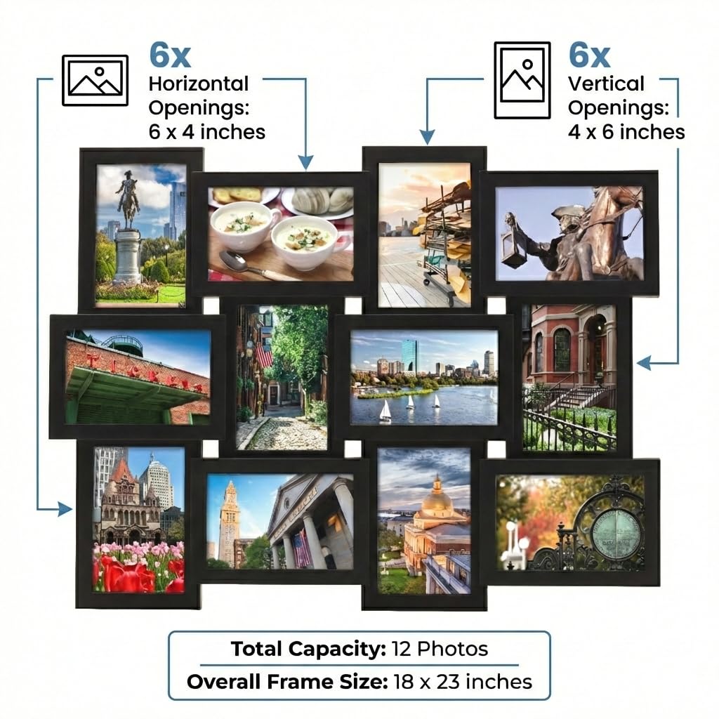 MELANNCO Collage Picture Frame 18x23 Inch Black - Holds 12 Photos in 4x6 and 6x4 Formats - Wall Display for Home Decor, Horizontal or Vertical Hanging