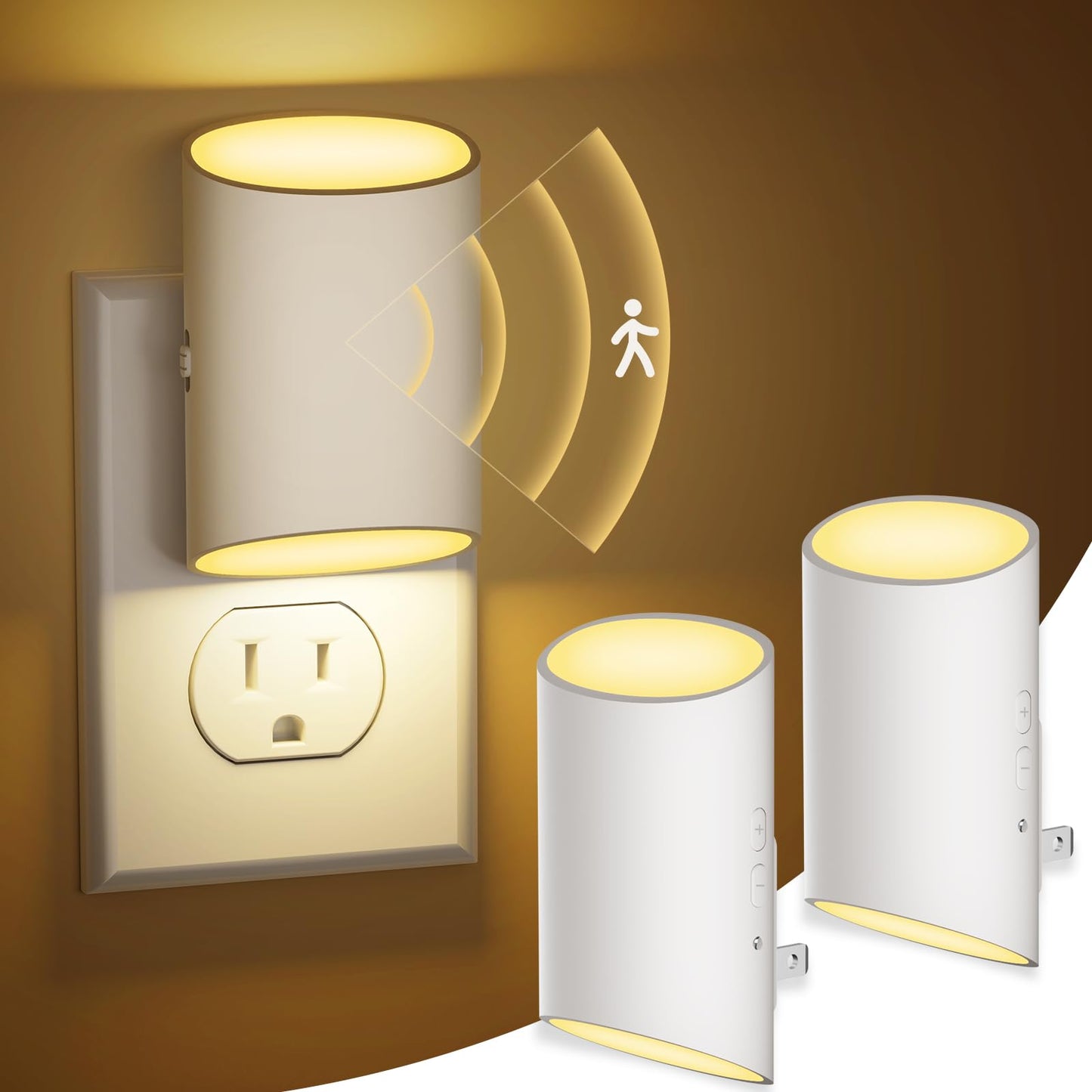 Fyrael Night Light Plug into Wall with Motion Sensor & Dusk to Dawn, Soft White LED 3000K, 7 Levels 1-100LM Adjustable Brightness, Auto Indoor Nightlight for Bedroom, Bathroom, Hallways,Stairs, 2-Pack
