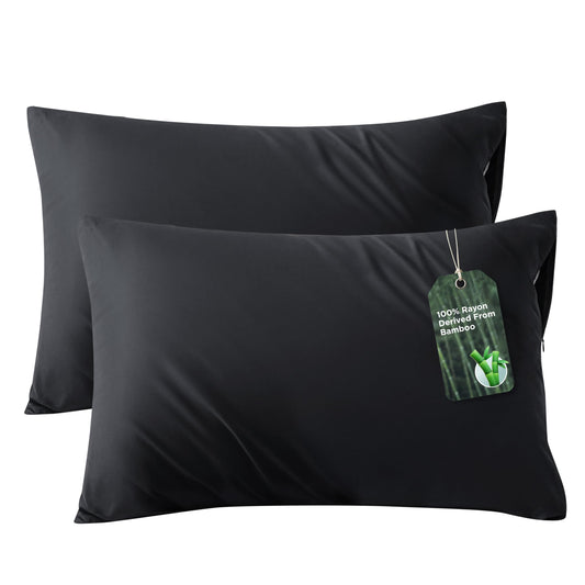 Bedsure Zipper Pillow Cases Standard Size, Cooling Pillow Cases Set of 2, Rayon Derived from Bamboo Cooling Pillowcase for Hot Sleepers, Soft & PureWoven Pillow Covers, Gifts, Black, 20x26 Inches