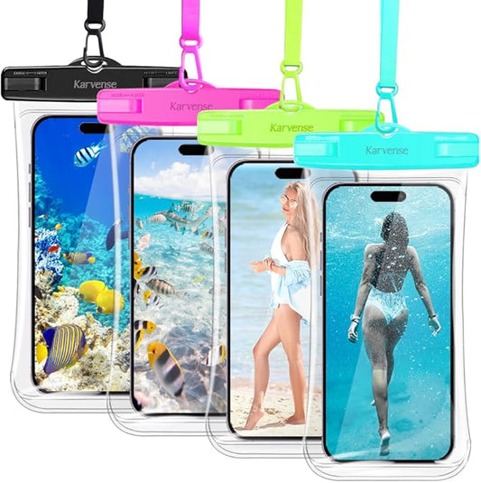 Karvense Waterproof Phone Pouch/Case, 4 Pack Large Water Proof Phone Pouch for iPhone, Samsung Galaxy & Pixel, IPX8 Phone Water Protector Pouch for Travel, Vacation, Beach, Pool, Cruise Essentials