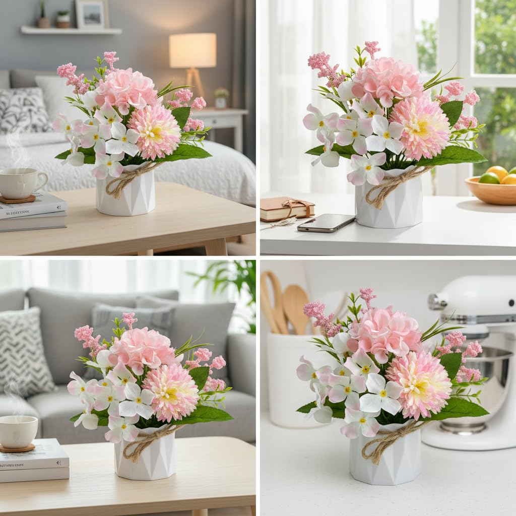 Carfoeny 2 Potted Pink White Hydrangea Artificial Flowers Indoor Fake Plant Bathroom Accessories Decor，Faux Silk Flowers Arrangement in Vase Centerpieces for Tables Dresser Shelf Decor Aesthetic